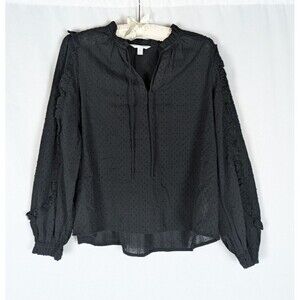 Time And Tru Blouse S Women's Black Swiss Dot Vneck Long Sleeve Ruffles Classic